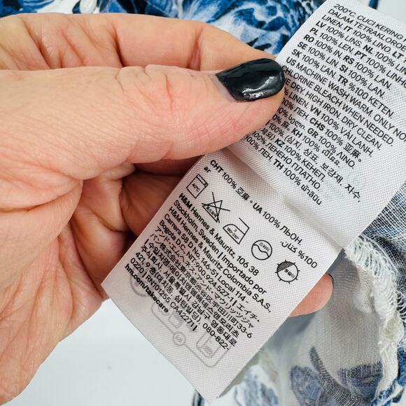 H&M Blue Floral Linen Popover Blouse White Long Sleeve Button Down Size M - Picture 7 of 10